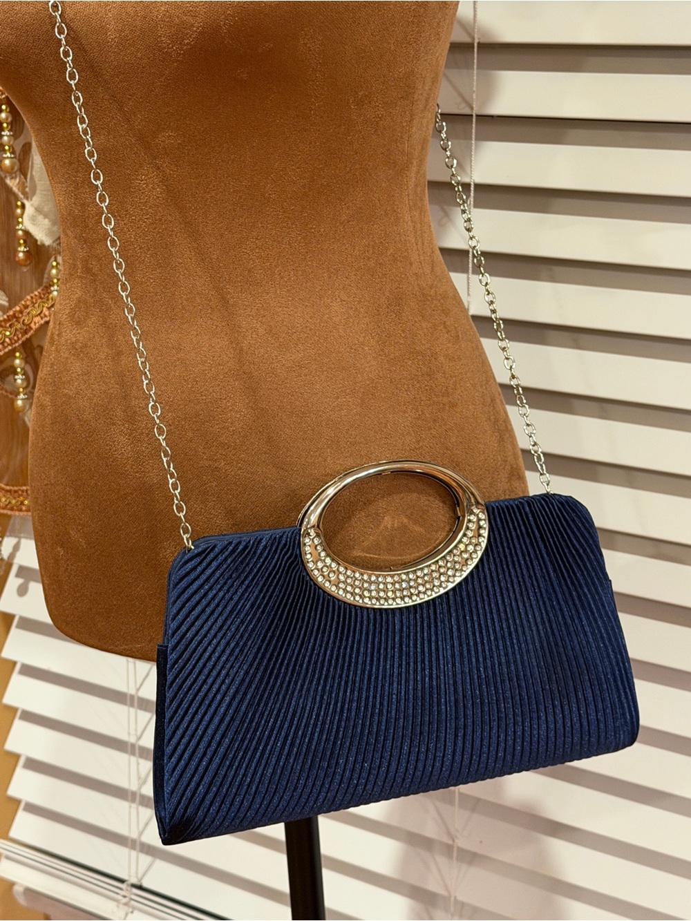 Elegant Navy Evening Clutch with Rhinestone Accent